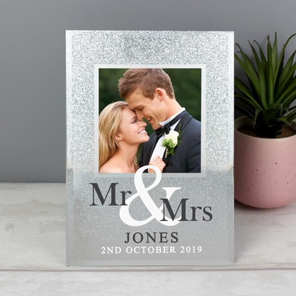 Personalised Mr & Mrs 4x4 Glitter Glass Photo Frame - Image 3