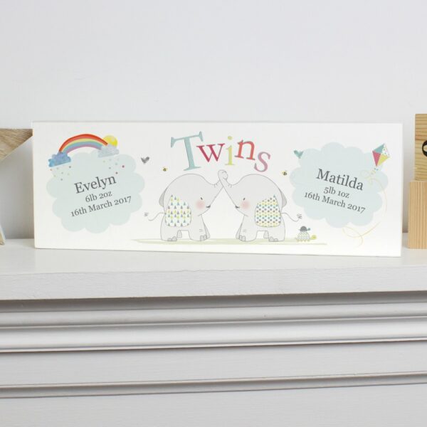 Personalised Hessian Elephant Twins Wooden Block Sign - Image 3