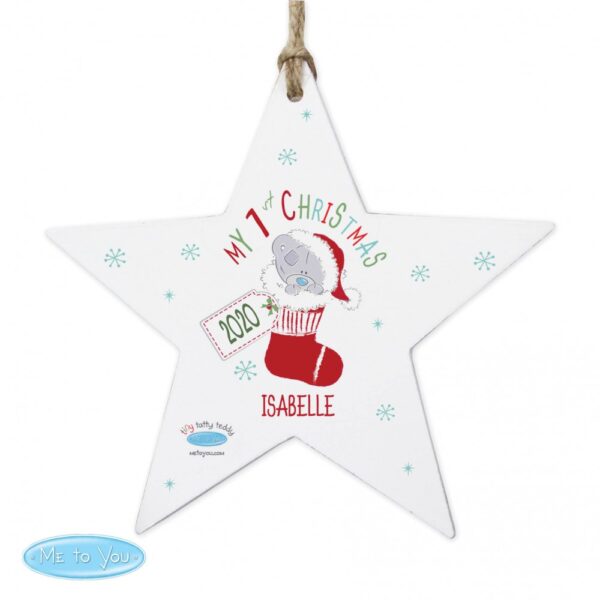 Personalised Tiny Tatty Teddy My 1st Christmas Stocking Wooden Star Decoration - Image 2