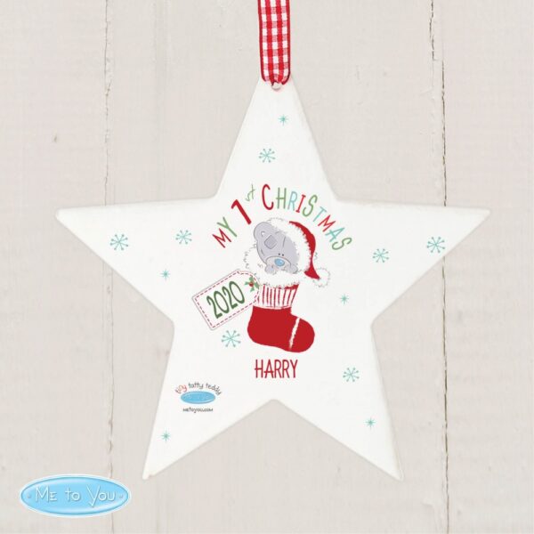 Personalised Tiny Tatty Teddy My 1st Christmas Stocking Wooden Star Decoration - Image 3