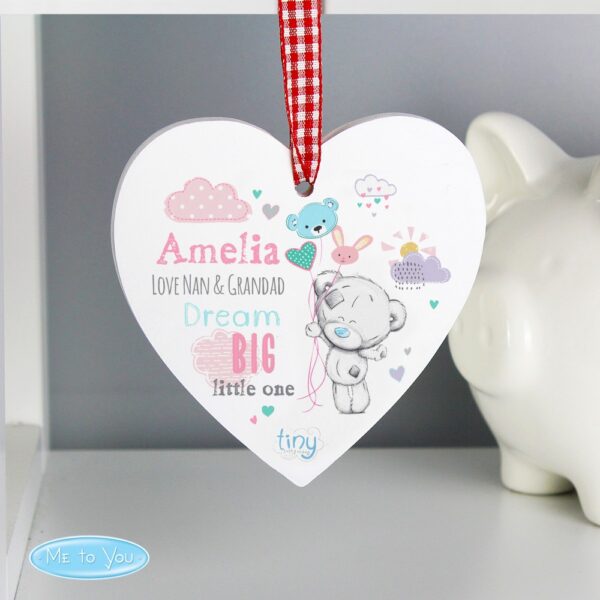 Personalised Tiny Tatty Teddy Dream Big Pink Wooden Heart Decoration - Image 3