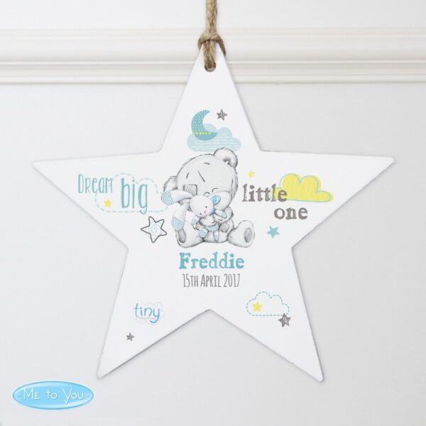 Personalised Tiny Tatty Teddy Dream Big Blue Wooden Star Decoration