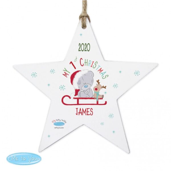 Personalised Tiny Tatty Teddy My 1st Christmas Sleigh Wooden Star Decoration - Image 2