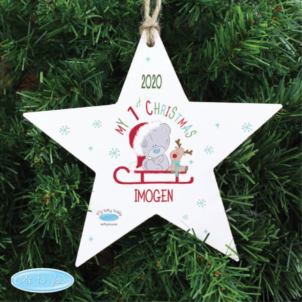 Personalised Tiny Tatty Teddy My 1st Christmas Sleigh Wooden Star Decoration - Image 3