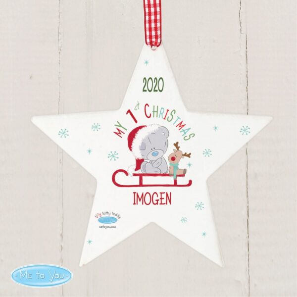 Personalised Tiny Tatty Teddy My 1st Christmas Sleigh Wooden Star Decoration - Image 4