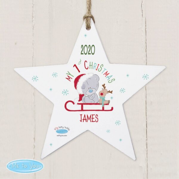 Personalised Tiny Tatty Teddy My 1st Christmas Sleigh Wooden Star Decoration - Image 5