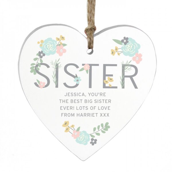 Personalised Sister Floral Wooden Heart Decoration - Image 2