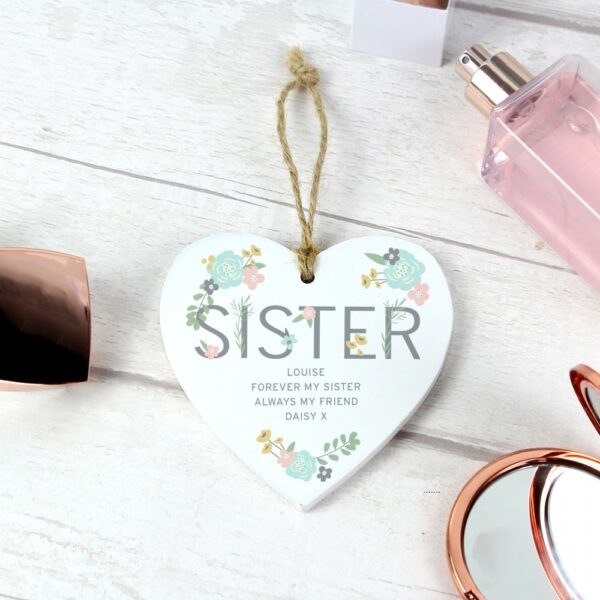 Personalised Sister Floral Wooden Heart Decoration - Image 3