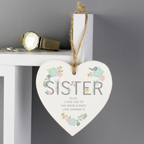 Personalised Sister Floral Wooden Heart Decoration - Image 5