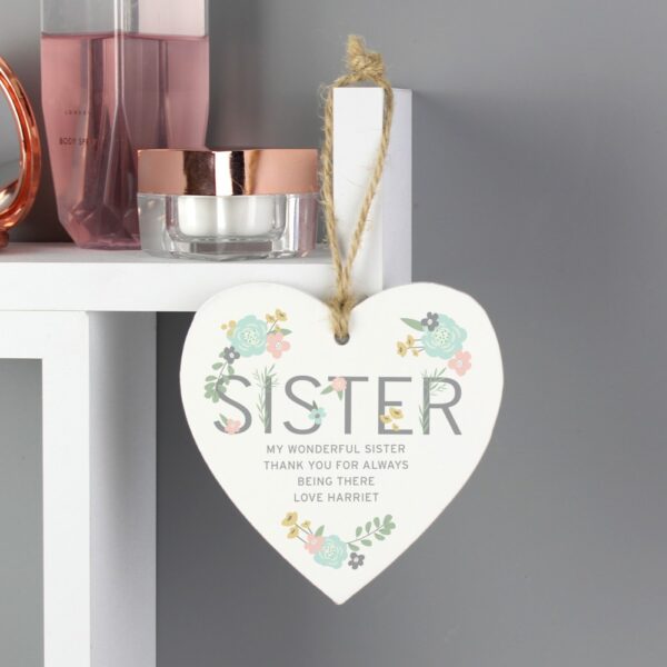 Personalised Sister Floral Wooden Heart Decoration - Image 6