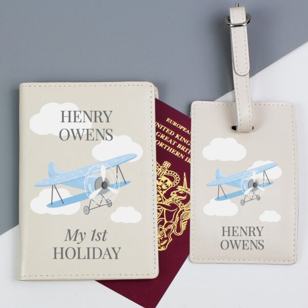 Personalised Blue Plane Passport Holder & Luggage Tag Set - Image 3